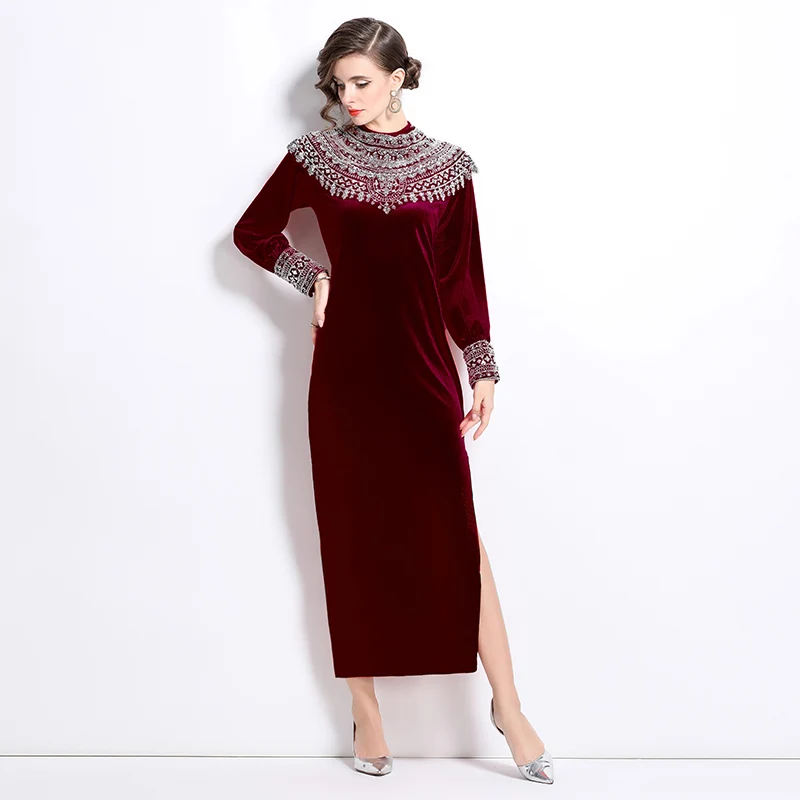 S-3XL Nieuwe 2024 Herfst Winter Kralen Diamanten Fluwelen Party Lange Jurk Franse Vrouwen Lange Mouw Losse Split Velours Gewaad vestidos