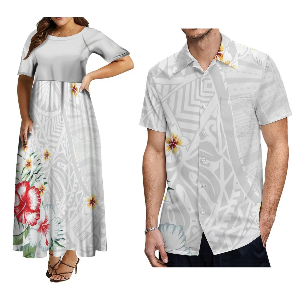 

Custom Polynesian Matching Couple Suit Men'S Shirt Temperament Top And Women'S Short-Sleeved Dress Plus Size 8xl