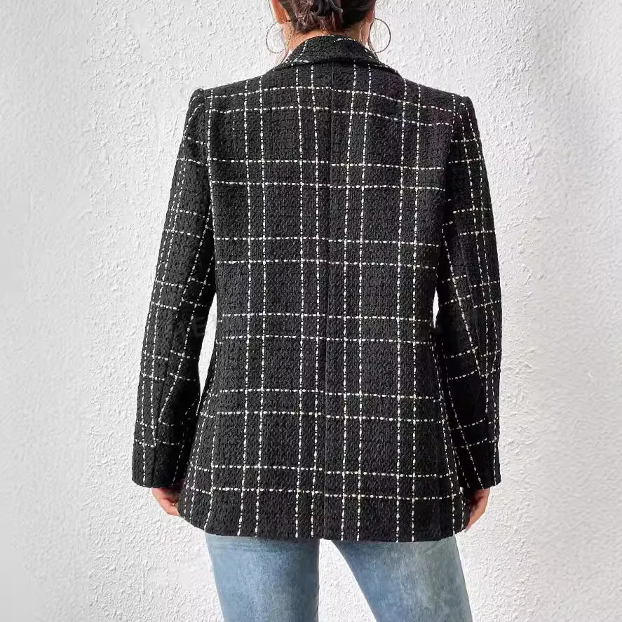 2025 Autumn New Lapel Long-sleeved Plaid Suit Plaid Fashionable Simple Commuter Jacket Blazer Mujer