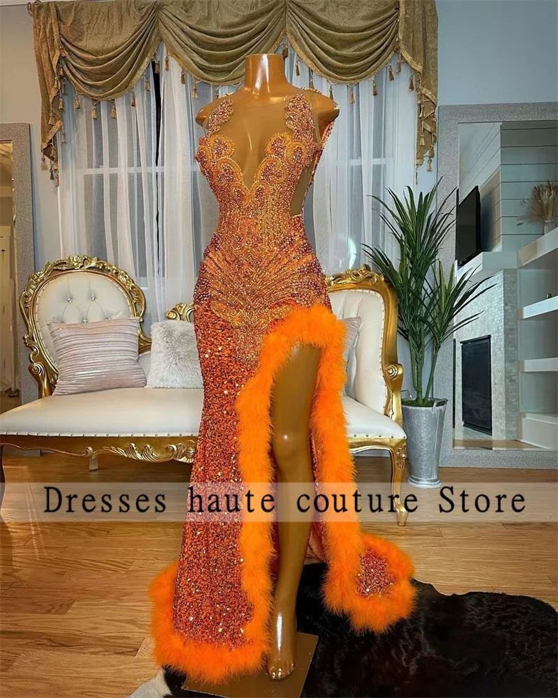 

Orange Sequins Prom Dresses 2024 For Black Girl Rhinestone Mermaid Party Gowns Feathers Side Slit Evening Dress Robes De Soirée