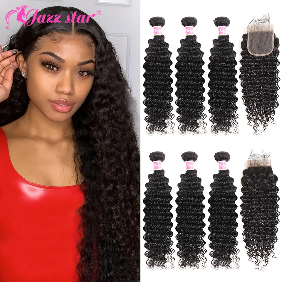 Brazilian Deep Wave Bundles With Closure Non-Remy Human Hair 3 and 4 Bundles With Lace Closure Queen Mary Human Hair Extensions