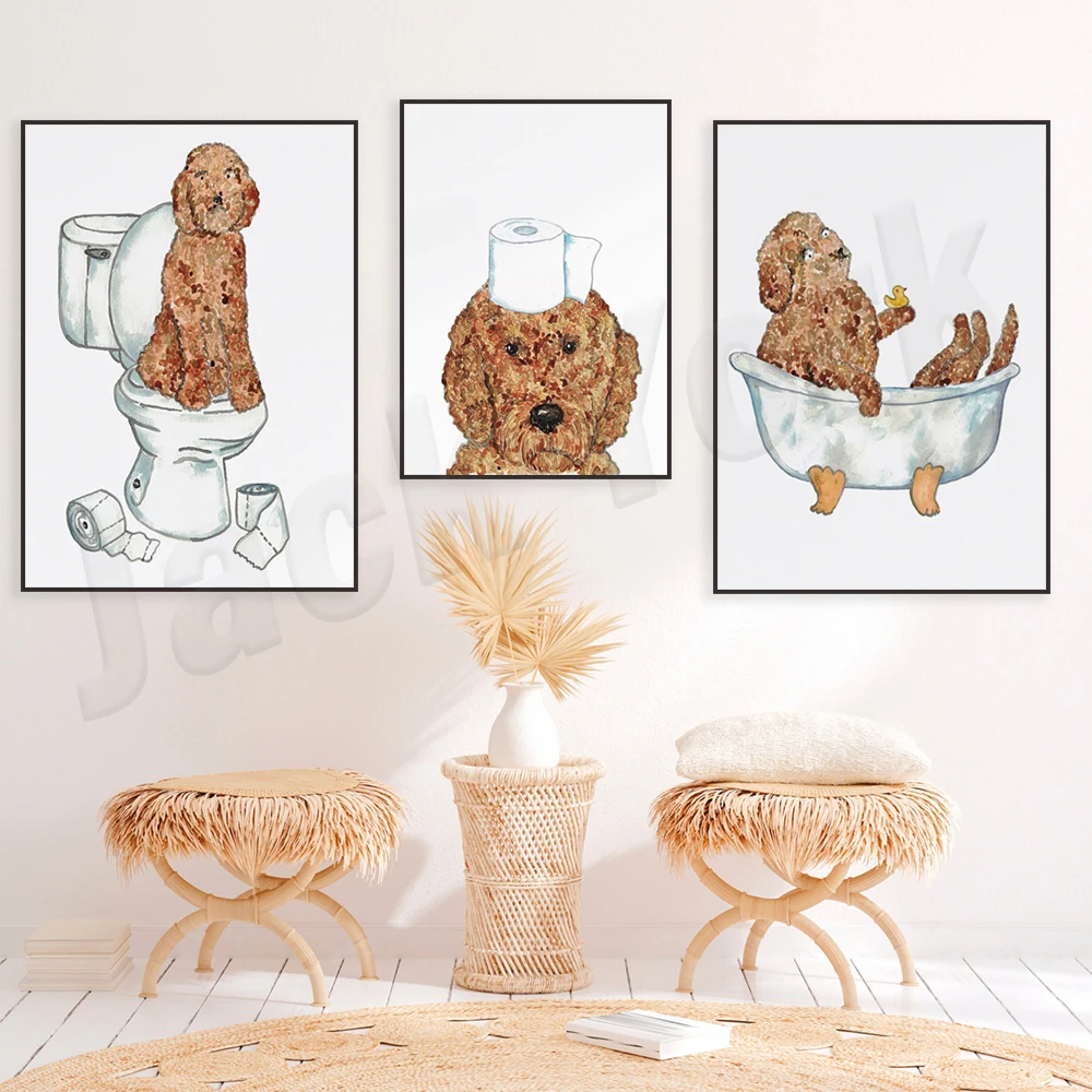 Gold Graffiti Brown Chocolate Dog Toilet Wall Painting Watercolor Prints, Pet Painting Fun Bathroom Bathtub Washroom Decor