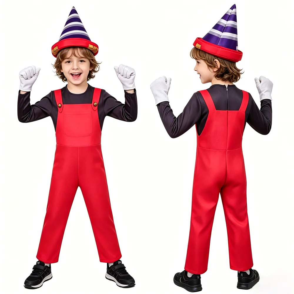 

Children Super Plumber Costume Anime Game Character Kid Girl Boy Jumpsuit Cosplay Outfit Halloween Carnival Fancy Disguise Dress