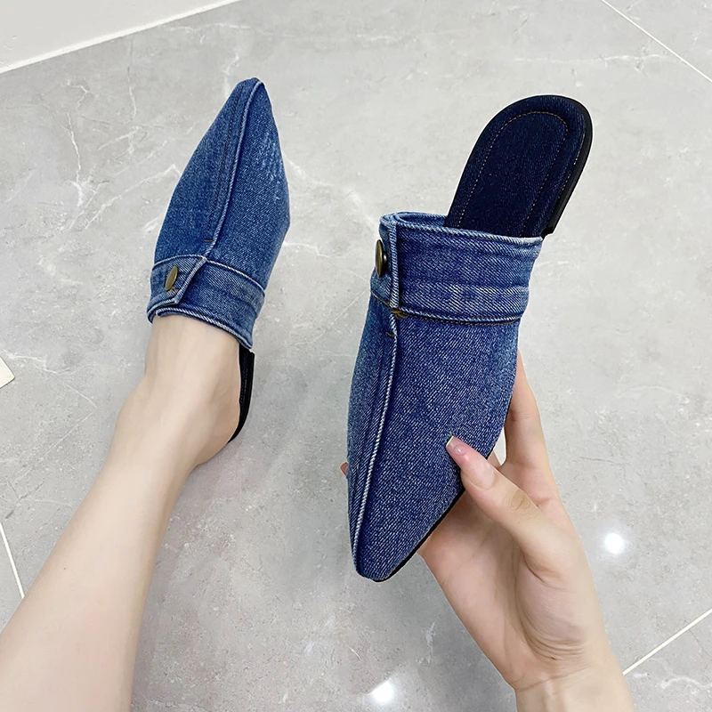 Denim Mule slajdy kobiety 2022 marka projekt Point Toe sandały damskie lato Chic Canvas pantofle Casual płaskie buty outdoorowe