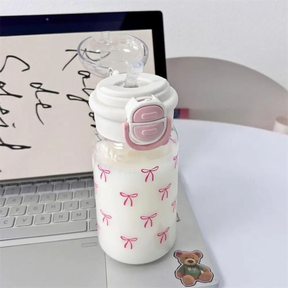 

New 500ml Capacity Water Cup Pink Bow Printing Plastic Straw Water Bottle Double Drink Sippy Cup Gifts