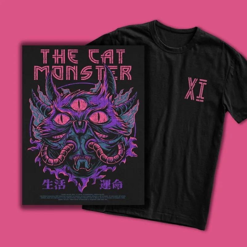 

00013300#A-Cat Monster T-Shirt | Streetwear Graphic Tee, Anime Design