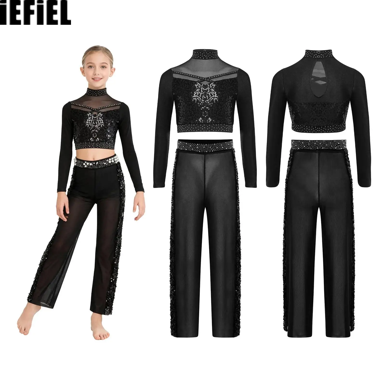 

Детский джазовый наряд с блестящими пайетками для девочек, укороченный топ с длинными рукавами и блестящими стразами, эластичные прозрачные сетчатые брюки