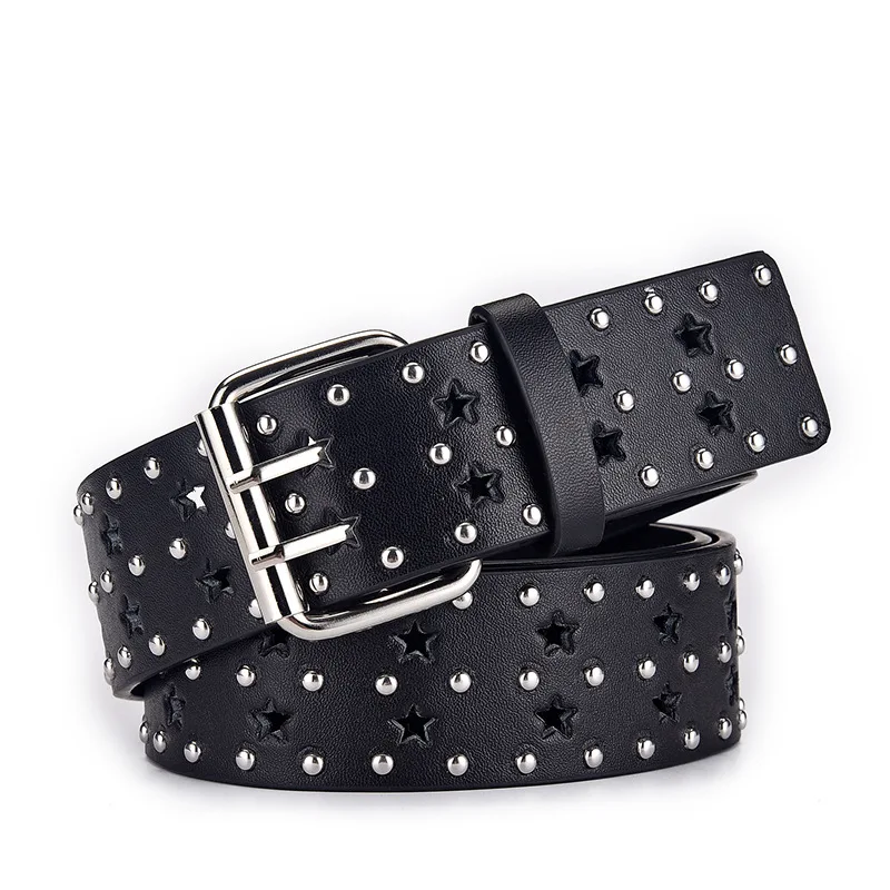 womens fashion studded belt punk rock star belts double pin buckle soft leather waistband ladies stylish hollow jeans strap on