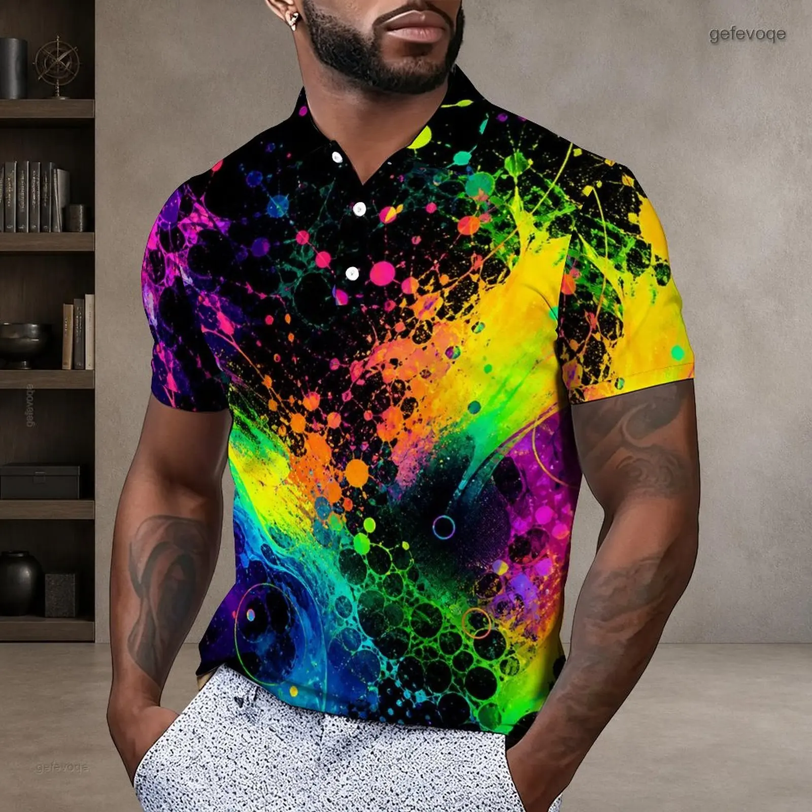 Short Sleeve Collared Neck Button Placket Printed Polo Shirt for Men