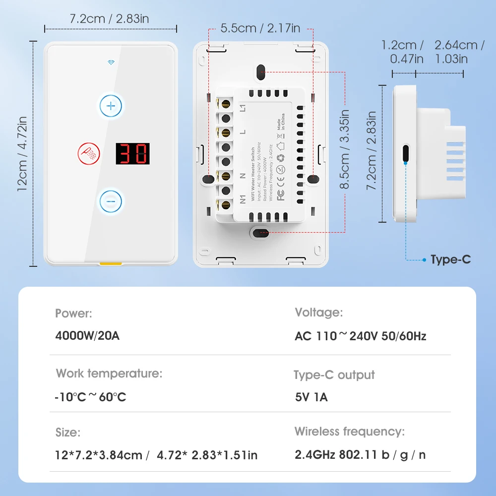 SMATRUL Smart Wifi 20A Water Heater US Standard Switch Wall-mounted Touch Screen with Screen Display TypeC Timing Voice Tuya App