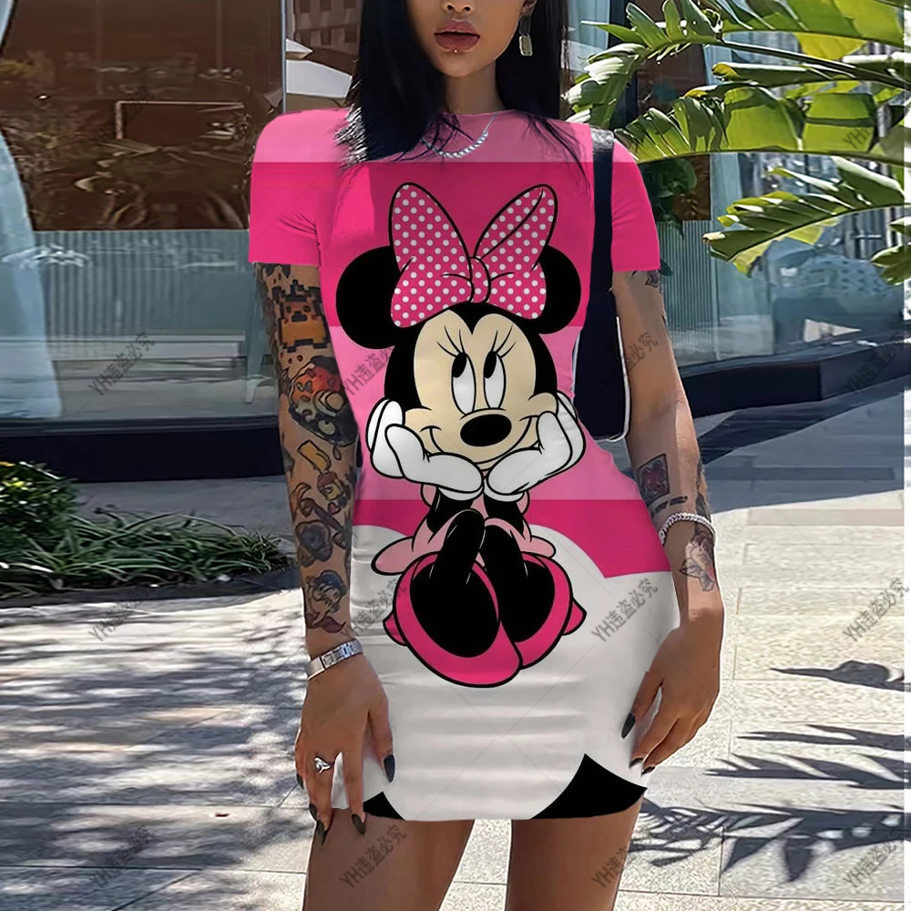 Disney-Vestidos de Mickey Mouse para mujer, minivestido elegante ajustado de oficina con cuello redondo, informal, estampado 3D de dibujos animados, Verano