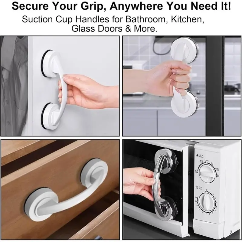 Suction Cup Door Grab Handle 2 Pack For Glass Doors, Bathroom Mirrors, Cabinets- Strong Vacuum Removable Grabbers