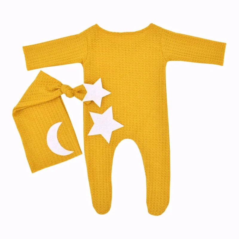 Newborn Baby 0 1 2 3 Months Photography Clothes Star Moon Decorative Knitted Jumpsuit Long Tail Hat Two-piece Suit Footed Romper