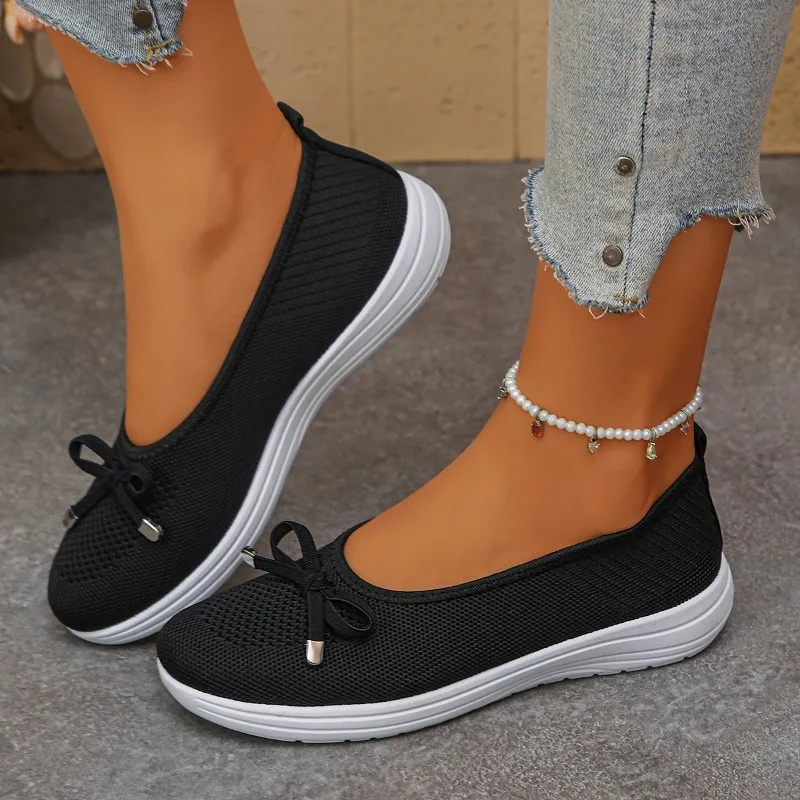 2026 Fashion Bow Knitted Design Women's Flats and Loafers Spring Autumn New Solid Breathable Comfort Women Shoes Лоферы Женские