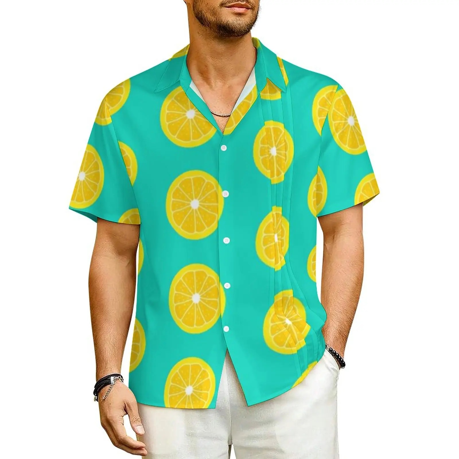 Lemon Slice Summer Shirt For Men Beach Adorable Yellow Lemons Casual Shirts Short Sleeve Street Style Vintage Plus Size Blouses