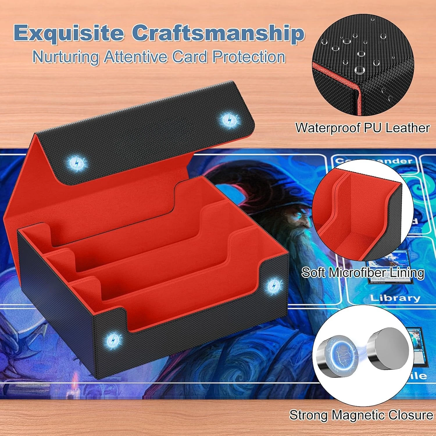 Card Deck Case, 1800+ Trading Card Storage Box with 10 Dividers and 3 Foam Stoppers, Leather Magnetic Closure Commander