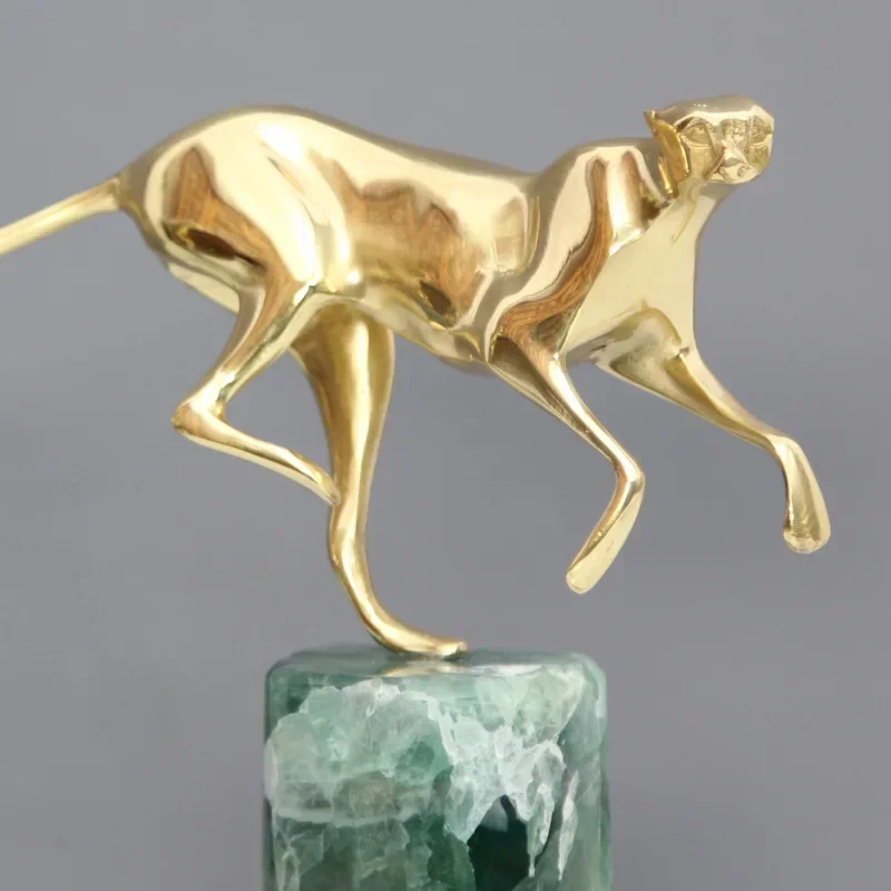x17Metal Handicrafts Golden Leopard Brass Cheetah Green Marble Base Metal Decorative Figurines Room Decoration Accessories