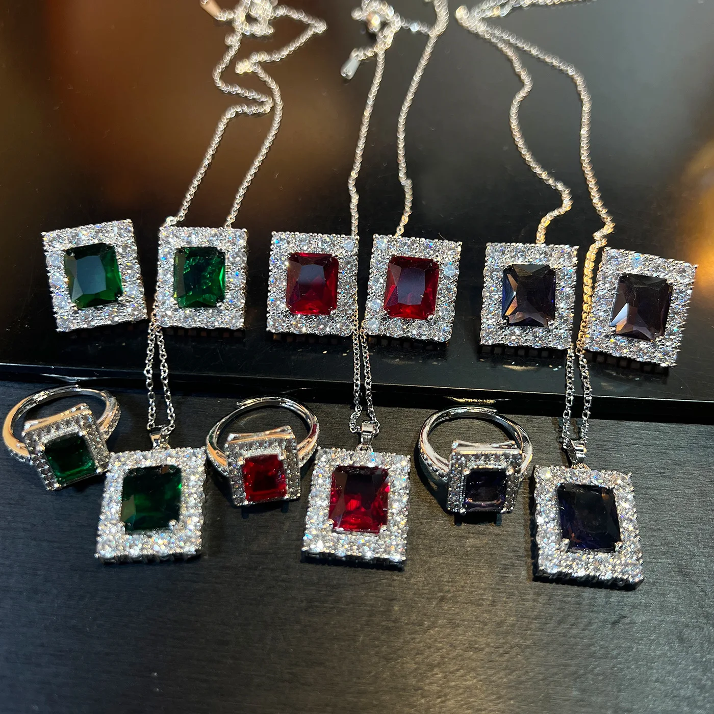 

Sparkling Necklace Earrings Ring Set 3pcs for Women Fashion Jewelry for Dinner Party Everyday Wear Blue Green Red Square Pendant