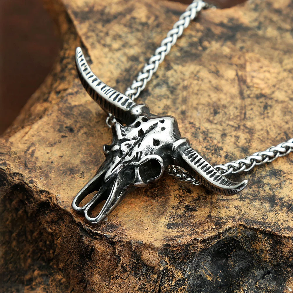 

Punk Hip Hop Bull Head Skull Pendant Necklace 316L Stainless Steel Biker Animal Skull Gothic Mens Pendant Jewelry Gift Wholesale