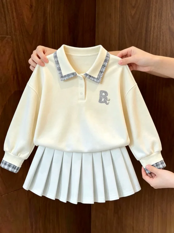 Girls' Preppy Style Hoodie Set Loose Casual Spring Autumn Plaid Splicing Two-Piece Suite Children's Fashionable Outfit