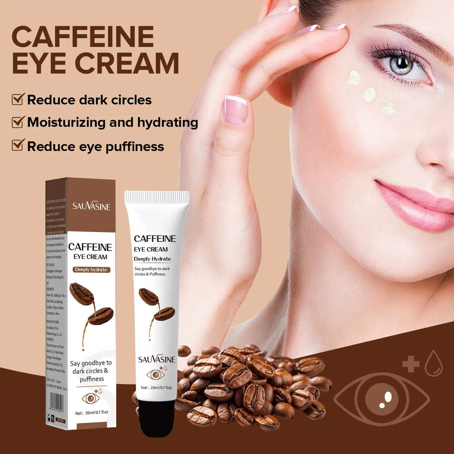 

3 pcs Caffeine Eye Cream for Remove Wrinkles Anti-Aging Dark Circles Under Eye Treatment for Eyelids and Under Eye Area Unisex