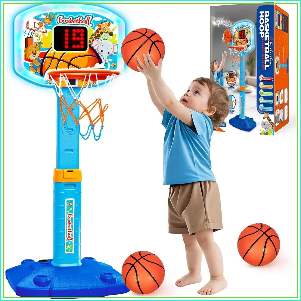 

Adjustable Kids Basketball Hoop with Lights & Sounds, Indoor Toy for Ages 1-3, Includes 3 Balls, Perfect Gift