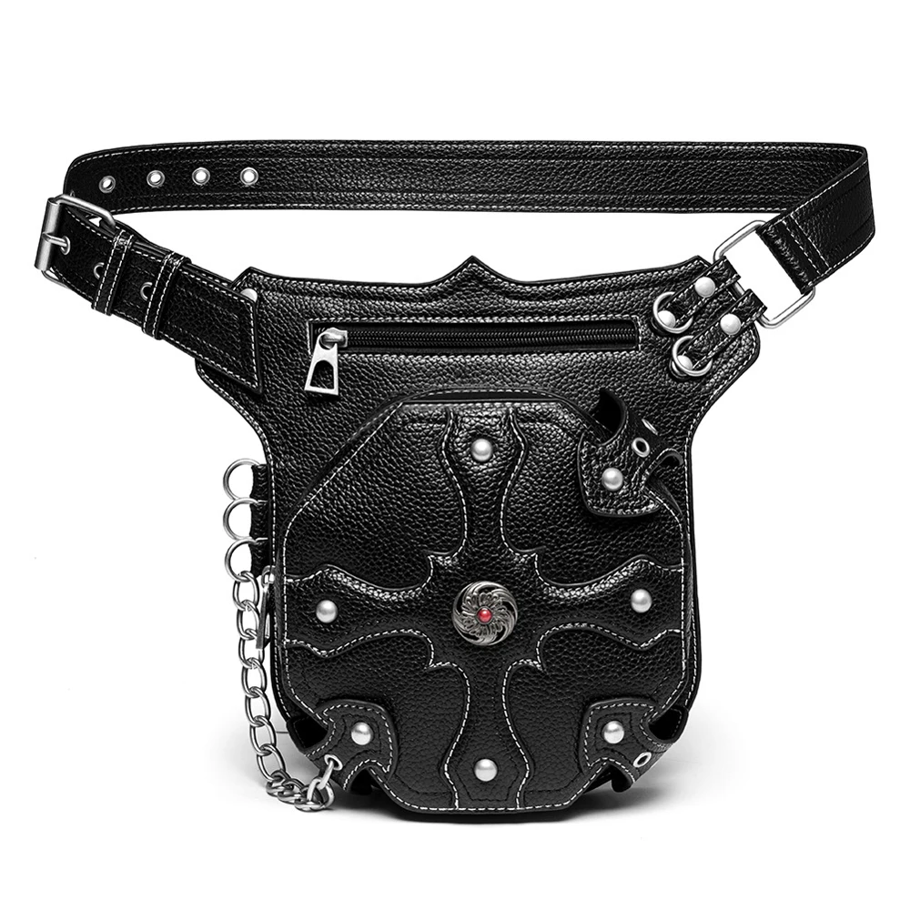 

Annmouler Designer Unisex Waist Bag Pu Leather Fanny Pack Punk Style Waist Pack Steampunk Belt Bag Motorcycle Shoulder Bag