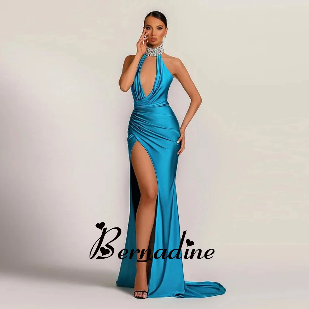 

Bernadine Graduation Dresses Charming Halter Prom Evening Dresses Mermaid Slit Satin Court Train Vestidos Robes De Soirée