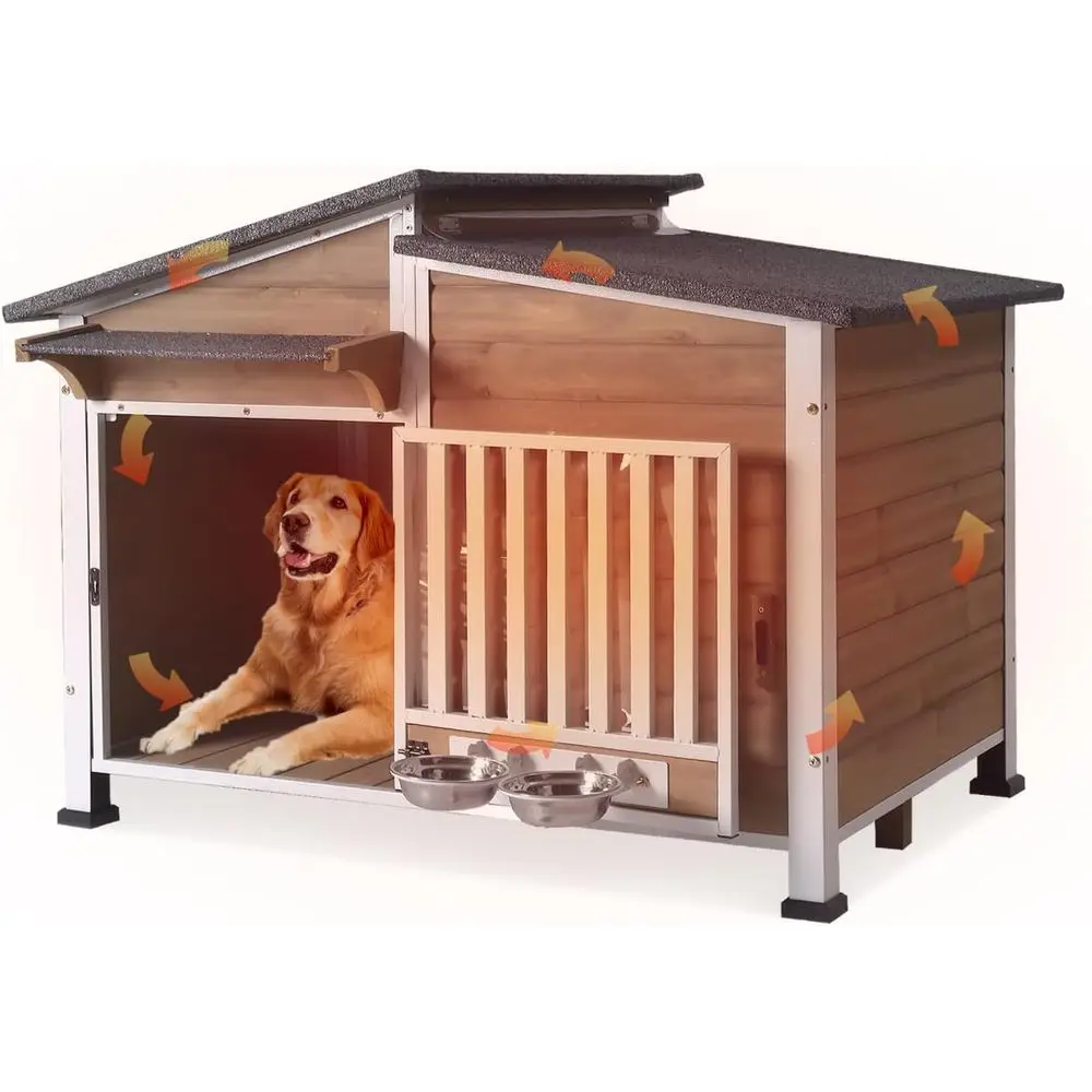 

Insulated Dog House Outdoor Weatherproof Dog Kennel Shelter with Chew-Proof Full Metal Frame, 360° Rotatable Spill-Proof Bowl, O