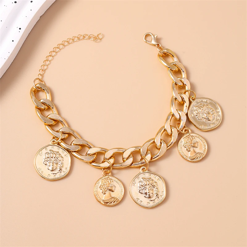 Punk Runde Münze Anhänger Armband für Frauen Männer Gold Farbe Zink-legierung Armband Mädchen Party Festival Geschenke DIY Schmuck Decora – Detail 5