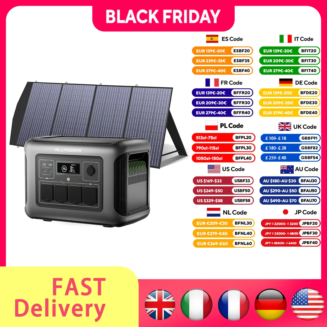 

ALLPOWERS R1500 LITE Solar Generator 1600W 1056Wh Portable PowerStation & SP033 200W Solar Panel Charger for Home Use Camping RV