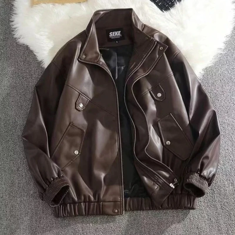 Men's PU Leather Biker Jacket High Street Fashionable Stand Collar Flight Jacket Motorcycle Rider Outerwear with Zipper Pockets