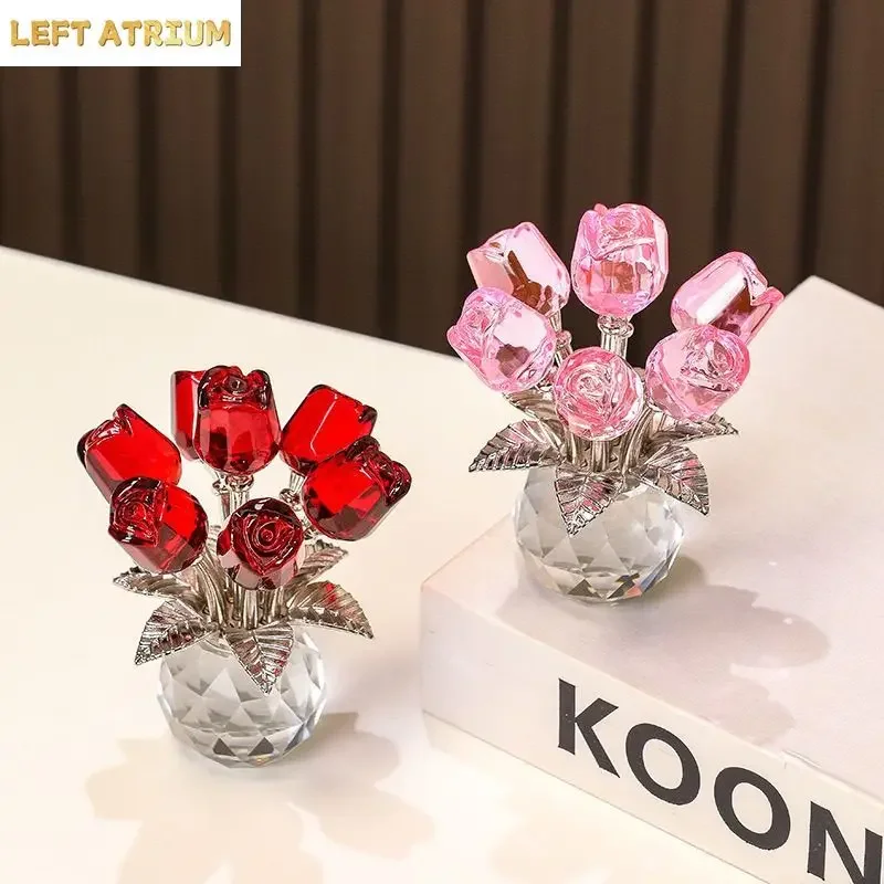 Crystal Apple Rose Flower Statue Decoration Birthday Gifts Home Livingroom Room Glass Ornaments Office Hotel Desk Accessories