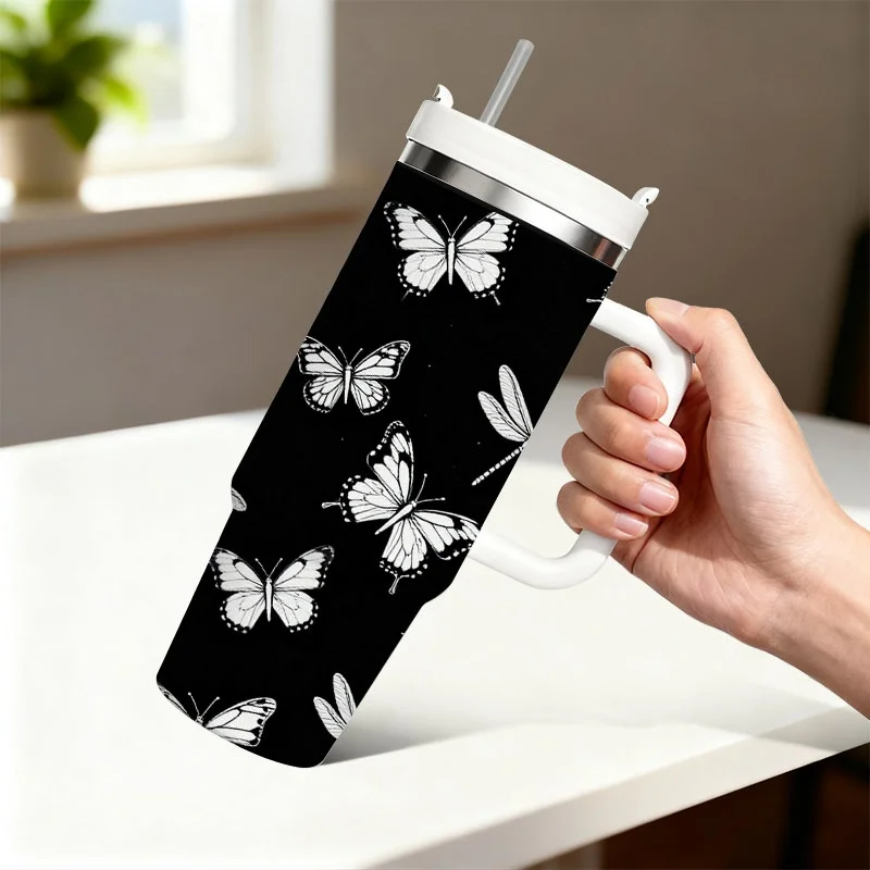 1pc 40 Oz Stainless Steel Double Wall Insulated Tumbler with Handle And Straw, Black Background White Butterfly Dragonfly Sublimation Print Travel Mug, Keeps Drinks Hot 18H Cold 36H, Ideal Holiday Birthday Gift for Friends And Family