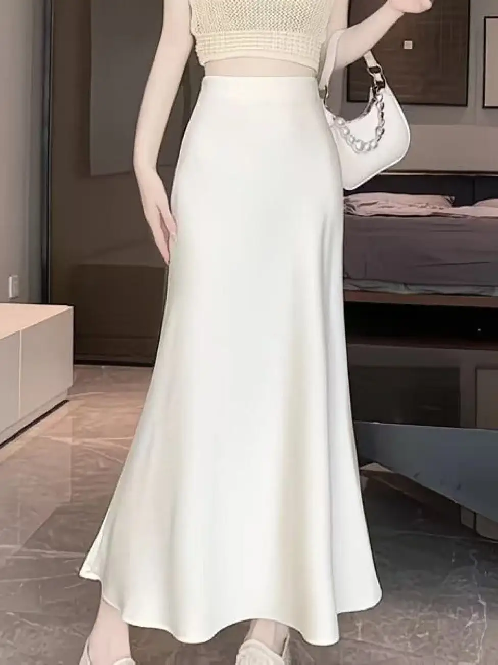 Silk Satin Drapey High Waist A-Line Midi Skirt Women Summer High-End Ice Silk Half-length Fish Tail Skirt Soft Comfortable