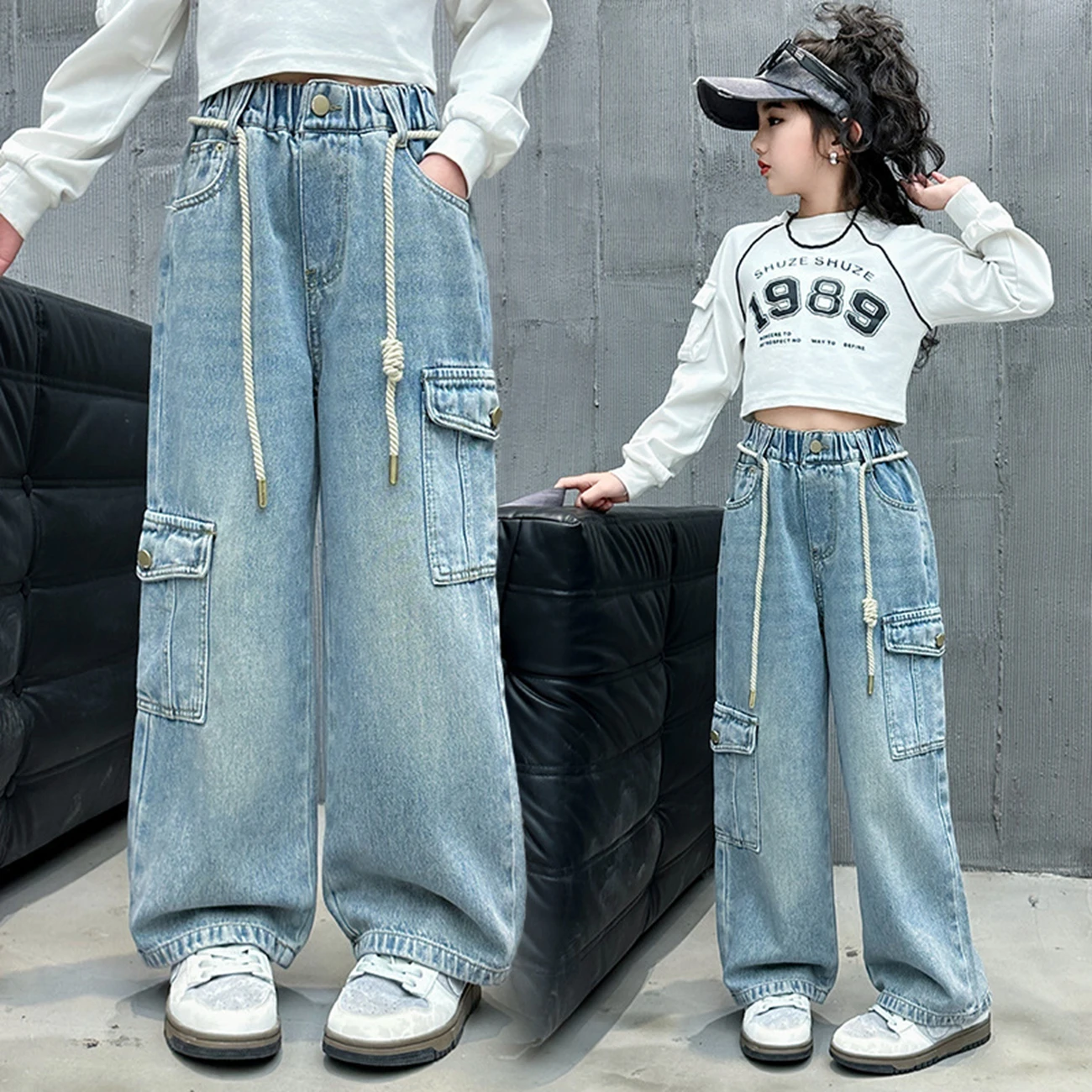 

Spring Autumn Girls Workwear Wide Leg Pants Multiple Pockets Loose Trousers Children's Fashion Jeans for Big Kids