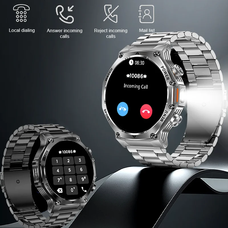 2025 New Smart Watch Men 800mAh Large Capacity Battery Outdoor LED Flashlight Bluetooth Call Waterproof Sport Fitness Smartwatch