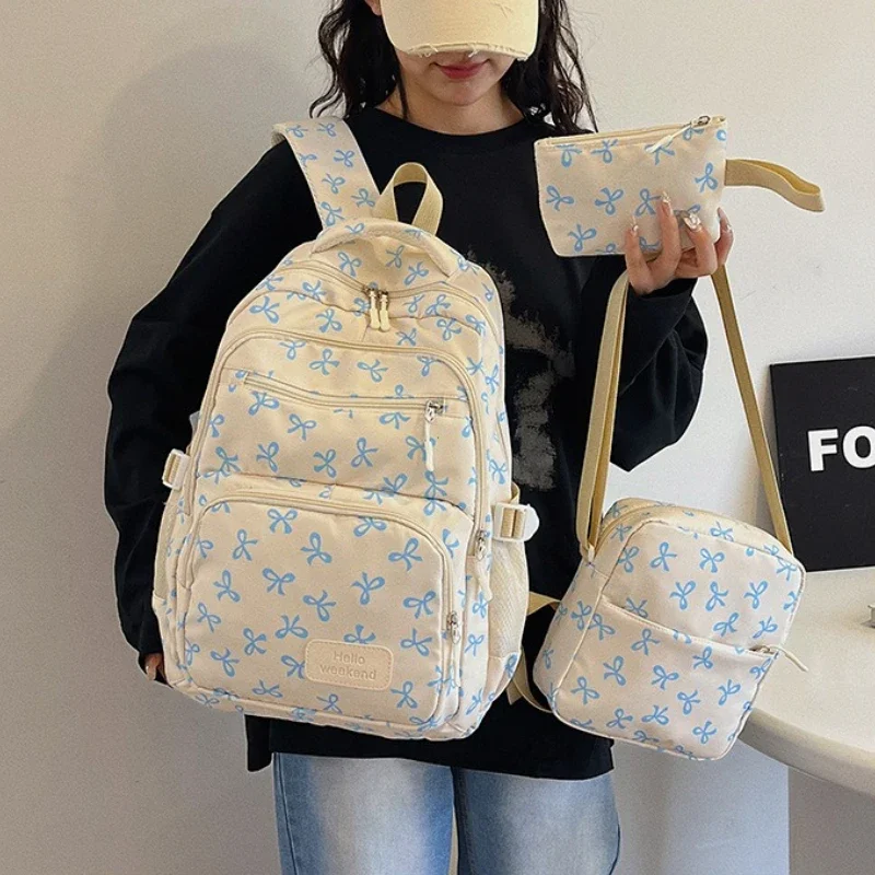 3 Pcs/Set Korean Fashion Bow Print Women Fashion Backpack Lightweight Simple Student School Bag Adjustable Strap Travel Backpack