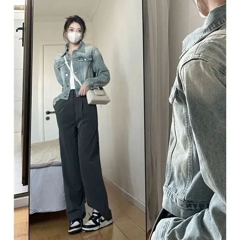 

American Style Short Denim Jacket New Vintage Small Size Biker Top Elastic Fiber Spring Autumn New Arrival Women's Coat