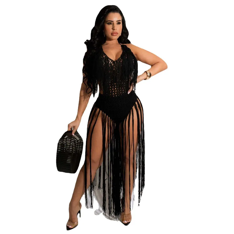 Bohemian Crochet Knitted Women Beach Vintage Tassel Halter Neck Long Dress Backless Sexy Beach Fishnet Dress