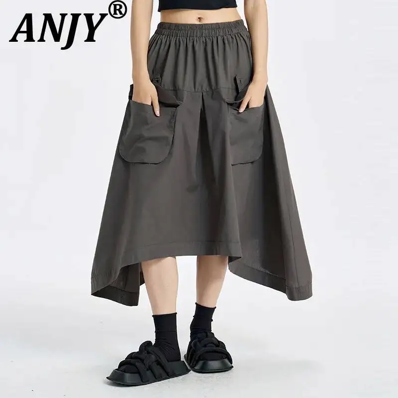 ANJY Spring Summer New Women Yamamoto Safari Style Patch Pocket Irregular Skirt Loose Casual Solid Color Trend Ins Skirts A25724