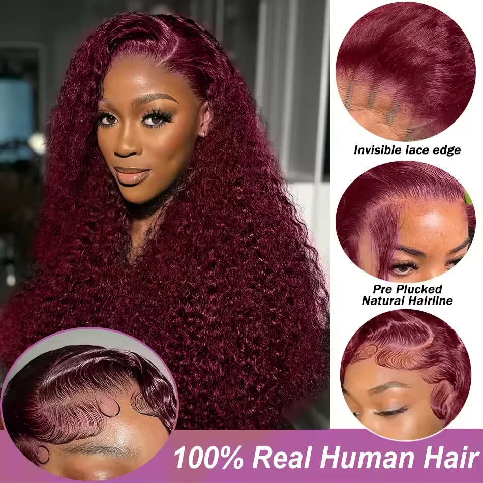 200 Density 13x6 HD Lace Human Hair Wig 99j Burgundy Deep Wave Front Wigs 36 Inches For Women