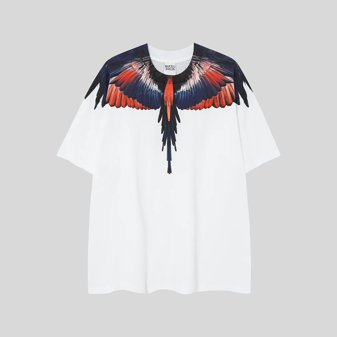 Marcelo Burlon 26SS American streetwear - Feather and Wings Print Short-Sleeved T-Shirt Men's and Women's Half-Sleeved