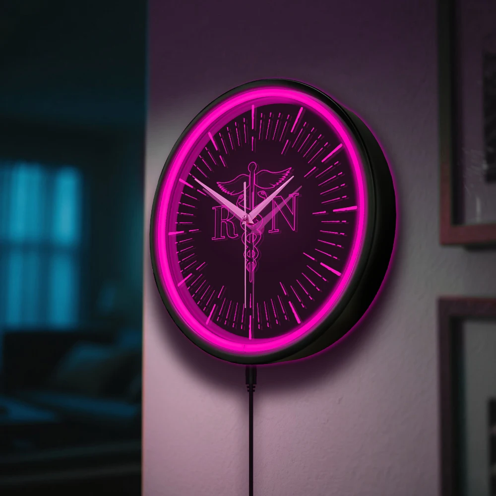 Registered Nurse Caduceus Logo LED Neon Sign Wall Clock for Hospital Doctor Medical Office Wall Clock RN Nurse Appreciation Gift