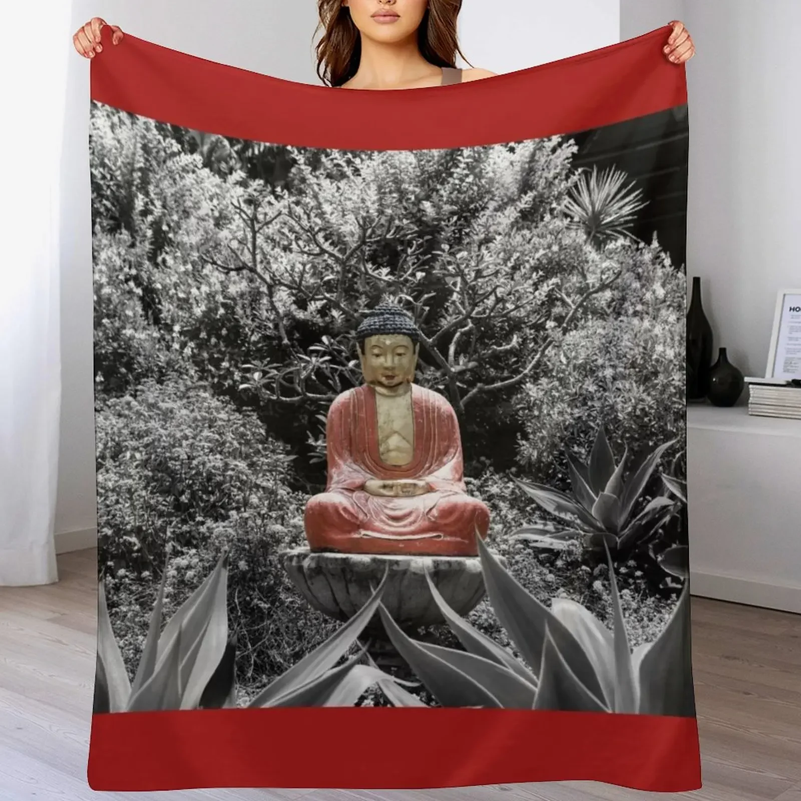 Garden Buddha in Red Throw Blanket Cozy Sofa Blanket for TV Watching Napping