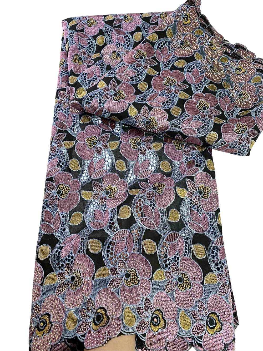 

Hot Sale Swiss 100% Cotton Hollow Out Lace Fabric With Stones 2025 High Quality 5Yards African Fabric For Women Party Dresses FY