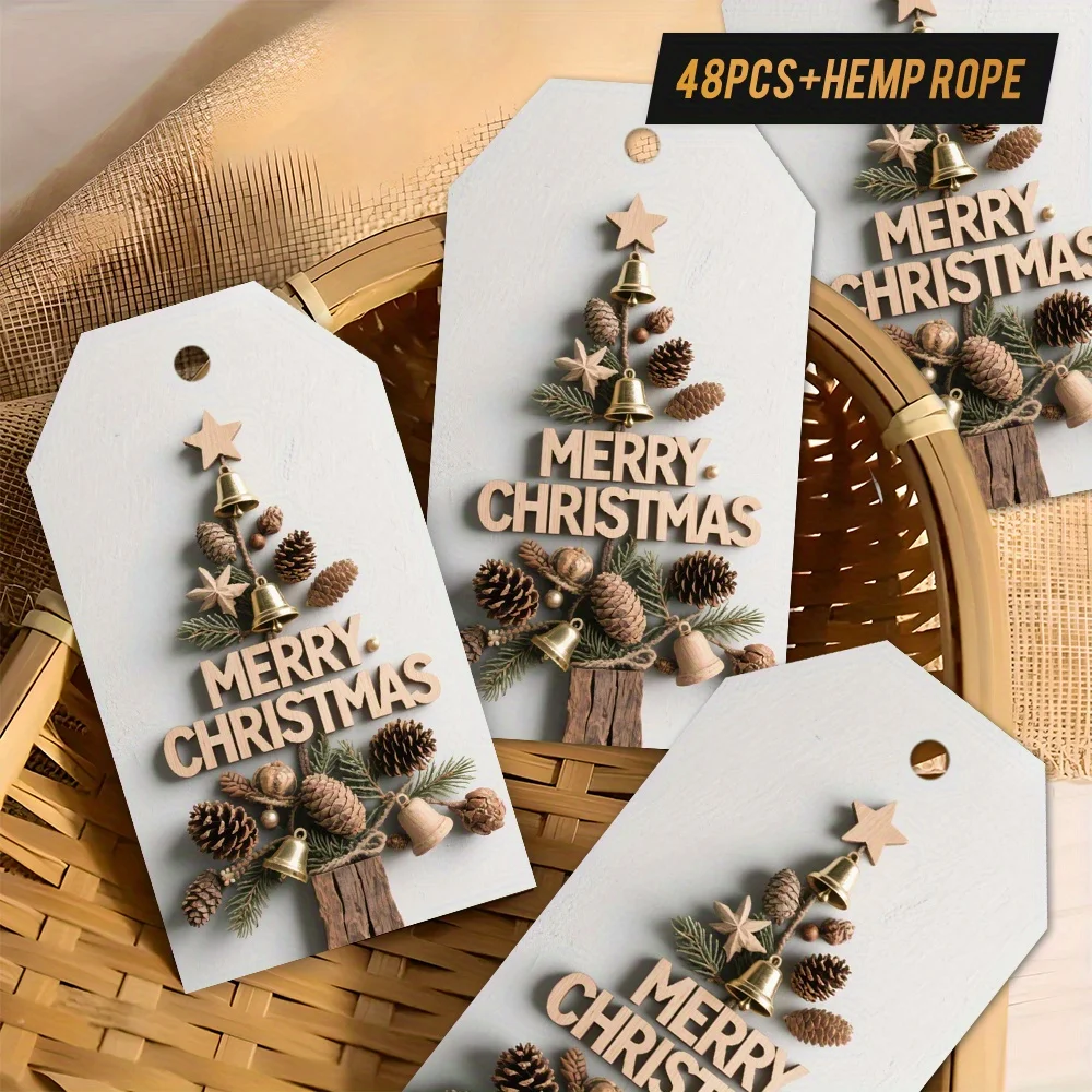 48pcs Rustic Farmhouse Christmas Gift Tags with Hemp Rope - Elegant Wood Grain Texture & Pinecone & Bell Cutouts,Merry Christmas
