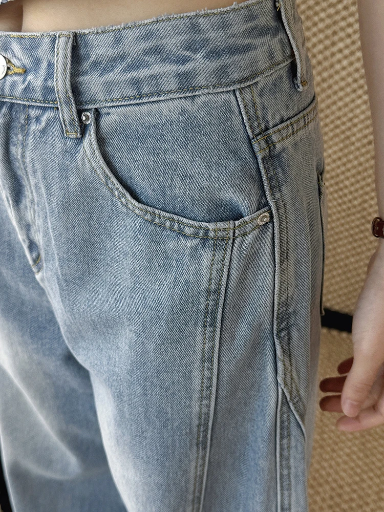 FANAN Spring Summer New Vintage Workwear Style Pocket Symmetry Patchwork Jeans Loose Washed Long Pants For Women Streetwise