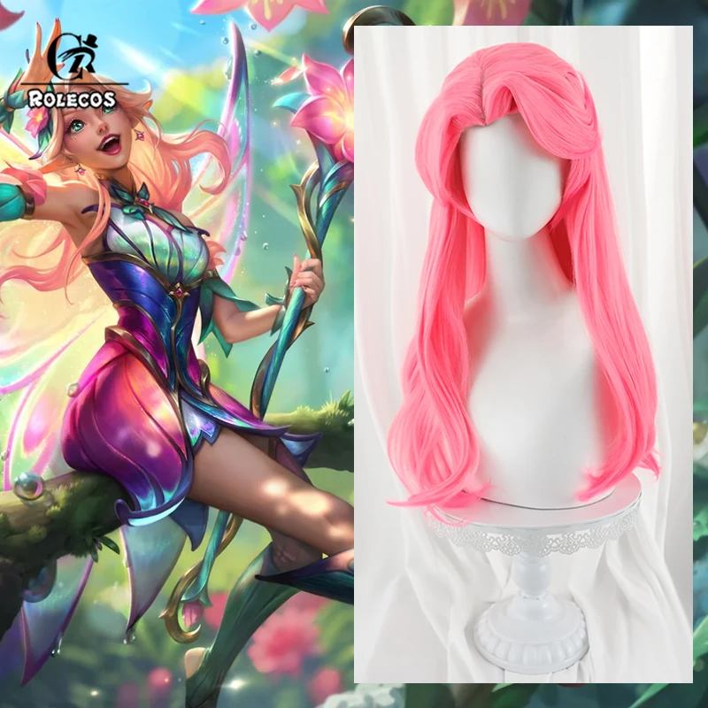 ROLECOS Synthetic Hair Game LOL Faerie Court Lux Cosplay Wigs Lux Halloween 60cm Women Long Wavy Pink Wig Synthetic Hair