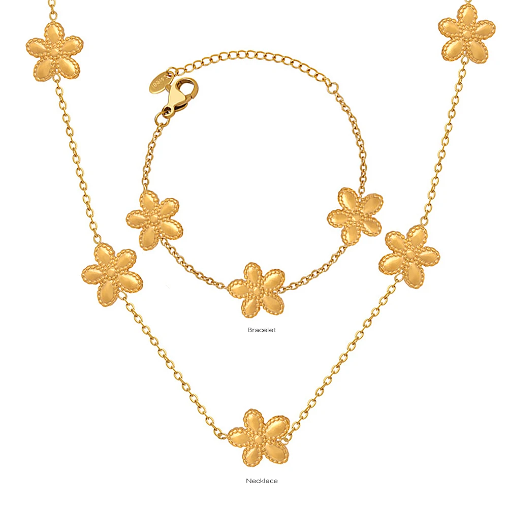Fashion Flower Necklace Bracelet For Women Stainless Steel Waterproof Gold Color Women's Necklaces Bracelets Cute Jewelry Sets